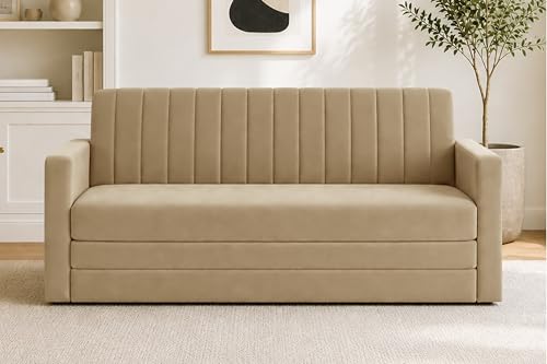 Image of Modern 3 Seater Sofa Cum Bed with Armrest, Velvet Fabric Couch for Living Room, Space Saving Foldable Sleeper Sofa, (Golden-Color)