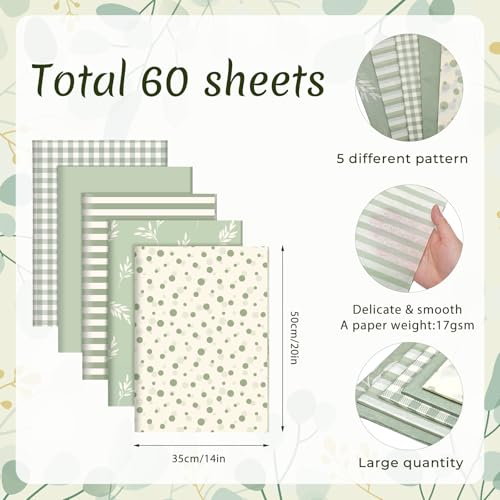 60 Blatt Seidenpapier, 35 x 50cm Frühling Salbeigrünes Geschenkpapier Bastelpapier Verpackungspapier für DIY Basteln Party Festival Muttertag Geburtstag (5 Stile)