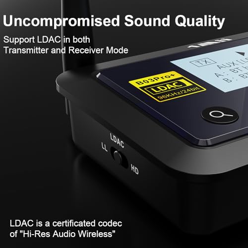 1Mii B03Pro+ Transmisor Receptor Bluetooth 5.3 LDAC para TV, Emisor Adaptador Bluetooth Audio HiFi aptX HD/Baja Latencia con Pantalla LCD, Salidas/Entradas Óptica/ 3,5mm AUX, Largo Alcance - imagen 2