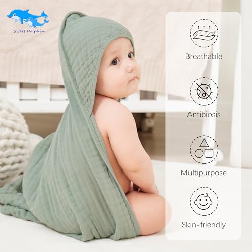 Image of SWEET DOLPHIN Muslin Hooded Baby Bath Towels - 2 Pack 100% Cotton Towel for Babies, Infants, Toddlers - 32x32Inch - Highly Absorbent and Newborn Essential, Green and Grey