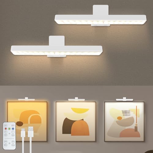 Image of 2Pack Picture Lights for Wall, 4500mAh Rechargeable Battery Painting Lights with 3 Color Temps,Remote Dimmable Timer Poster Light,Wall Decor Light for Art Display,Frame