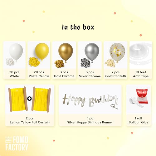 Image of The FOMO Factory Pastel Yellow Golden Birthday Decoration Kit | White, Gold, Silver, Yellow Balloon Arch Kit + Foil Curtains + HBD Banner | Unique Birthday Decoration, DIY Kids Party Prop (Yellow53)