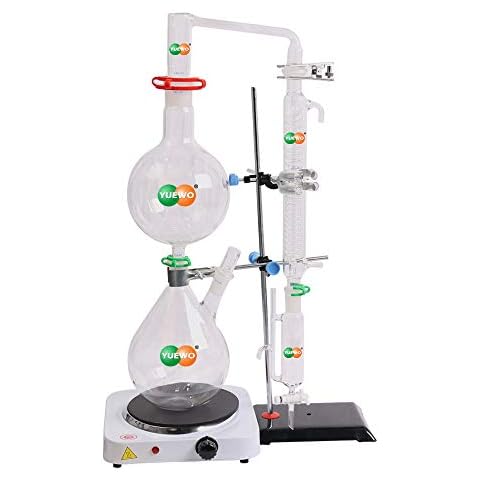 New 2000ml Lab Essential Oil Steam Distillation Apparatus Glassware Kits Water Distiller Purifier w/Hot Stove Graham Condenser S35 and 24/40 Joint Cover