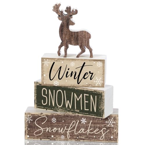 Yalikop 4 Pcs Winter Elk Table Decorations Winter Tiered Tray Decor Wooden Block Sign Farmhouse Rustic Table Decor Centerpiece for Party Desk Home