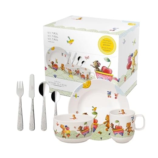 Villeroy & Boch – Hungry as a Bear barnbordsbestick, 7 tlg, premiumporslin/rostfritt stål, diskmaskinsanpassad, vit/färgglad