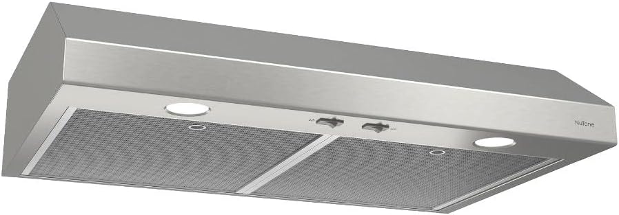 Angled view of the range hood showing the control knobs for fan speed and lighting.