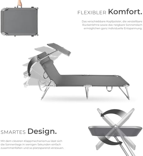 Bild 4 - tectake 2er Set Sonnenliege - leicht und klappbar, leichte Liege für Camping und Garten, Perfekter Liegestuhl mit Dach, transportable und zusammenklappbar mit Griff
