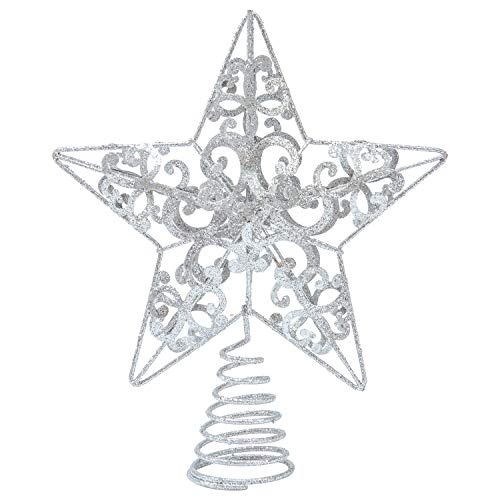 Aneco Weihnachtsbaumspitze, 25,4 cm, Stern, Metall, glitzernd, Weihnachtsbaumdekoration, für Weihnachten, Urlaub, Zuhause, Büro, Schule, Einkaufszentrum, Dekoration, Silber Cover