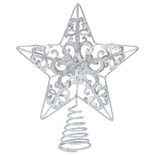 Aneco Weihnachtsbaumspitze, 25,4 cm, Stern, Metall, glitzernd, Weihnachtsbaumdekoration, für Weihnachten, Urlaub, Zuhause, Büro, Schule, Einkaufszentrum, Dekoration, Silber