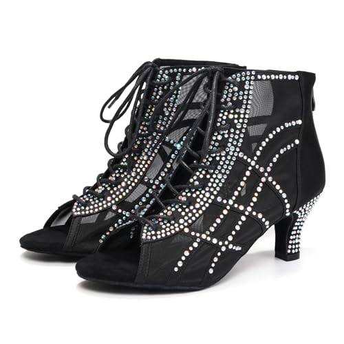 JUODVMP Dance Boots for Women Mesh Latin Salsa Short Sparkling Jazz High Heel Boots4