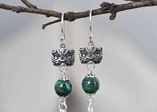 Longues boucles d'oreilles malachite S925 style chinois rétro