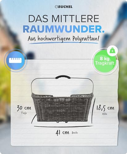 Büchel Fahrradkorb hinten - Fahrradkorb abnehmbar hinten I einfache Befestigung mit innovativem Halteclip I aus hochwertigem Polyrattan I Fahrrad Korb für hinten aus hochwertigem Polyrattan