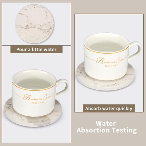 Image of 6 Pack White Wood Coaster Set with Holder Absorbent Drink Coasters Wood Cute Coaster Bar Dining Coffee Table Accessories Decor Gift Funny Cup Stone Modern Cool Desk Beer Cork