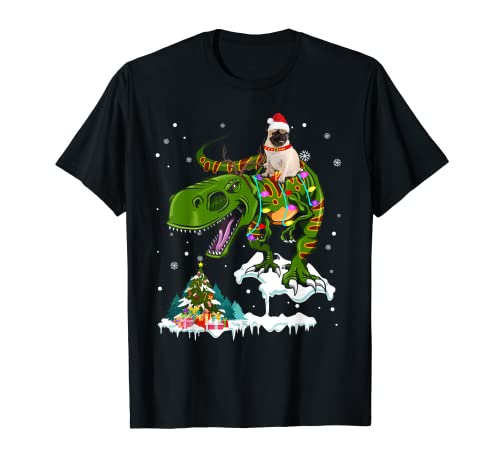 Santa Pug Riding T-Rex Reindeer Christmas Light Lover Family T-Shirt