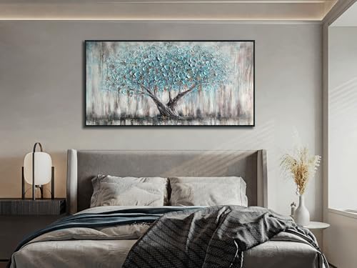 Image of Arjun Framed Blue Tree Canvas Wall Art for Living Room Tree of Life Abstract Bedroom Textured Painting, Nature Picture Landscape Artwork Home Office Decor, Black Wood Large 40 inchx20 inch