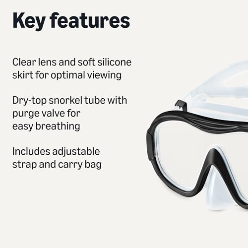 Máscara de snorkel Amazon Basics con tubo Dry-Top y bolsa de transporte para adultos, color negro miniatura 2
