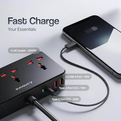 Image of Ambrane 7-in-1 Extension Board, 2 USB, 2 Type C, 3 AC Sockets 2500W, Perfect for Compact Spaces, Charge 7 Devices from 1 Socket, Hangable Cable Design, Works with All Devices (Smartstrip 5, Black)