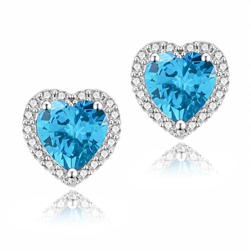 YOMELA Topaz Blue Heart Cubic Zirconia Stud Earrings for Women