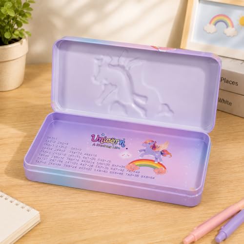 Image of WISHKEY Unicorn Pencil Box for Kids, Large Metal Pencil Case with Multiplication Table, Durable Tin Pencil Box for Girls, Cute Stationery Storage Box for School, Pen Pencil Organizer Purple