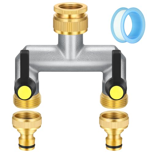 Zocipro 2-Wege Wasserhahn Wasserverteiler, Wasserverteiler 2fach mit Verlängerter Griff, 2 Wege Verteiler Wasser 3/4 Zoll Vernickelt Messing mit individuellem Absperrhähnen für Geräte/Gartenschläuche