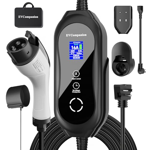 Level 1 & Level 2 EV Charger - 16A Adjustable Current, Delay Charging | 110V-240V, 21FT Cable | Compatible with All SAE J1772 EVs/PHEVs | NEMA 6-20 Plug & 5-15 Adapter