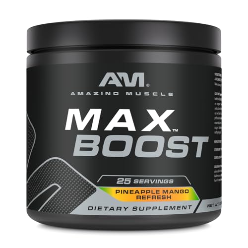 Image of Amazing Muscle Max Boost | 25 Servings | Intense Pre-Workout Supplement for Men & Women | Contains Creatine Monohydrate, Caffeine, Beta-Alanine, Betaine (25 Servings, Pineapple Mango)