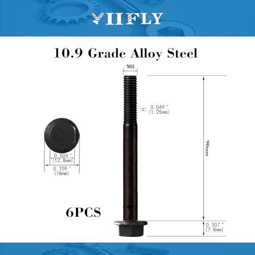 Image of M8 x 90mm Flanged Hex Head Bolts Flange Hexagon Screws, M8x1.25 Bolt, 10.9 Grade Alloy Steel, Hexagon Head Bolts, Black Zinc Finish, Half Thread,Quantity 6