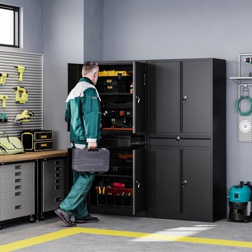 Image of Letaya Metal Garage Storage Cabinet with Drawer,4 Door Tool Cabinet with Lock-2 Adjustable Shelves for Garage Home Office Utility Room (Black)