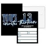 seclate Neon 13th Birthday Invitations for Boys, 25 Double-Sided Invitation Cards with 25 Envelopes, Black and Blue Party Decoration Supplies - D05