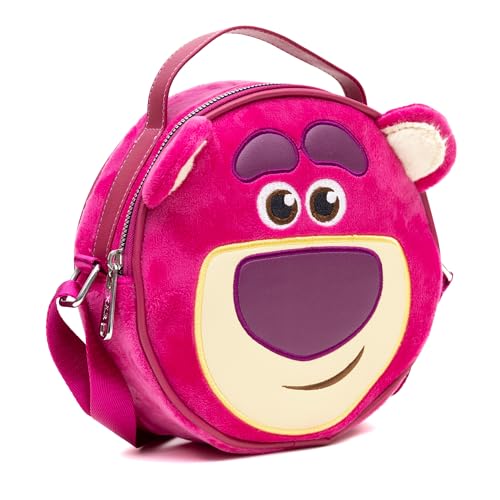 Disney Vegan Leather Round Crossbody Bag with Adjustable Straps, Pixar, Toy Story Lotso Face Character Close Up Furry, Dark Pink3