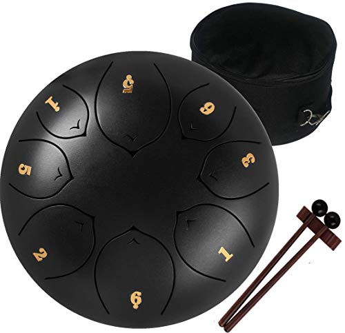 Amkoskr 8 Pouces 20 cm Tambour de Langue en Acier à Clé C 8 Tons Tambour à Main pour Enfant Instrument à Percussion avec Maillets de Tambour/Sac de Transport (Noir) Cover