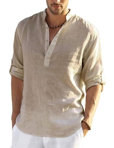 COOFANDY Mens Shirt Long Sleeve Henley Shirt Linen Shirts Cotton Casual Regular Fit Summer Shirts