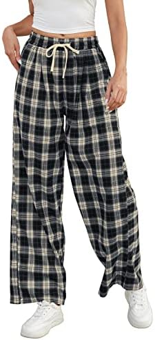 Women High Waist Plaid Baggy Pants Parechute Loose Casual Y2k Streetwear Wide Leg Sweatpants Navy S