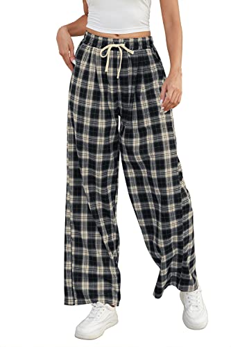 Women High Waist Plaid Baggy Pants Parechute Loose Casual Y2K Streetwear Wide Leg Sweatpants Navy S #TOP1