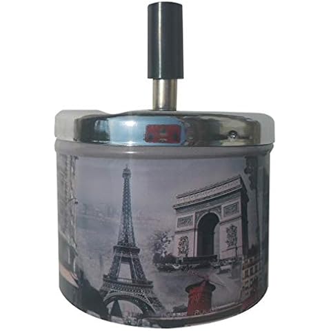 Condello Casa Smokeless Metal Tin Push Down Ashtray for Cigarettes Cigars With Spinning Tray Lid Covered Portable Ash Tray Bucket for Home Tabletop,Patio,Sand,Car,Auto,Outdoors,Indoors (France) Cover