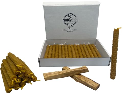 25 Velas de Miel de Abeja + Palo Santo para Rituales 100% Natural Cera Pura(25 Velas 11,5 cm x .1 cm aprox. y 2 Palo Santo) - Hechas a Mano - Origen España Sierra de La Culebra Zamora - SIN PARAFINA