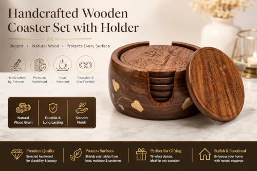 Image of Premium Wooden Coasters for Drinks Set of 6 - Solid Wood Coasters with Holder | Round Table Coasters for Coffee Table, Bar, Kitchen & Office | Perfect Housewarming & Gift