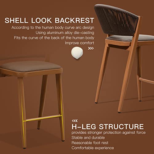 Image of PURPLE LEAF Counter Height Bar Stool Set of 2 Modern Aluminum Rattan Wicker Outdoor Barstools with Backrest and Cushion for Kitchen Lawn Pool Bar Chairs Brown