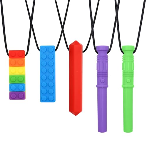 VEGCOO 5 Stück Sensory Chew Halskette Gute Flexibilität Sensorisches Kauspielzeug Silikon Kauen Anhänger Stick Autismus Kauspielzeug für Kinder Kaukette für Jungen Mädchen