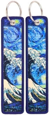 Hokusai Waves Great Wave Off Kanagawa Japan Art Merged With Vincent van Gogh Painting Post-Impressionist Art Dutch Starry Night Mashup Keychain Key Tag Chain Fob Ring image 2