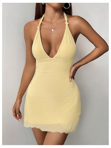 SOLY HUX Women's Deep V Neck Halter Mesh Sleeveless Bodycon Mini Dress Party Beach Vacation Clothes3