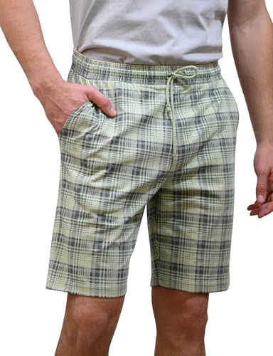 Image of Enorsia Mens Premium Check Print Jersey Shorts with Elasticated Waist & Adjustable Drawstring - Effortless Everyday Wear with Side & Welt Pockets (L, Green)