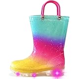 Greentiming Toddler Light Up Rain Boots for Girls, Glitter Kids Rain Boots Toddler Girl Waterproof Boot with Handles, Yellow Rianbow, Size 13