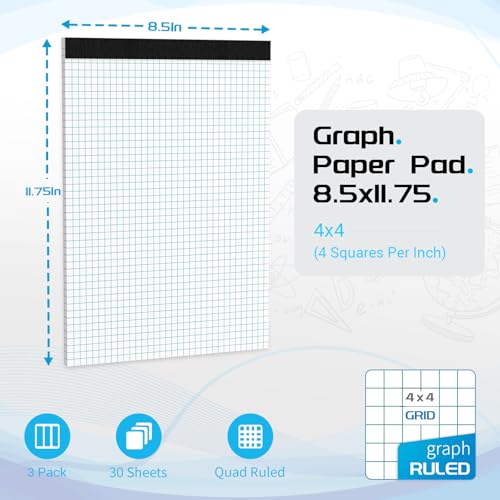 Graph Paper Pads 8.5 x 11 Graph Paper Notebook, 3 Pack 4x4 Quad Grid Paper, 30 Sheets Lined Paper Grid Notebook, Grid Paper Notebook 8.5 x 11 Engineering Paper for Drawing, Designi image 2