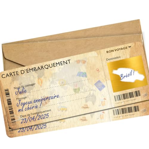 OLYMPE STORE Lot de 2 Carte à gratter Voyage Surprise - Carte embarquement personnalisable à offrir - Billet avion annonce - Cadeau Anniversaire EVJF...