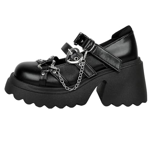 Image of Parisuit Womens Goth Platform Mary Janes Heels Buckle Chain Punk Cosplay Shoes Ankle Strap Chunky Heel Round Toe Pumps