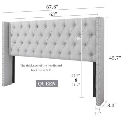 Lucky Monet Linen Upholstered Headboard Queen Size (Headboard Only), Nail Head Trim Wingback Tufted Button Headboard Luxury Soft Padded Head Board with Durable Metal Legs, Adjustable Height, Grey