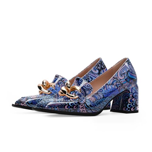 Women's Square Toe Slip On Metal Chain Pumps Chunky Heel Patent Leather Dress Shoes3