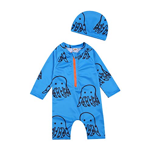 Baby Boy Girls Long Sleeve Rash Guard One Piece Swimsuits with Hat UPF 50+ Sun Protective Cartoon Bathing Suit (Octopus, 2-3T)