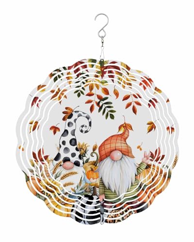 Fall Wind Spinners, Pumpkin Cute Gnome Sunflower Wheat Hanging Wind Spinners for Yard and Garden 3D Stainless Steel Metal Sculptures Crafts Ornaments 10 Inch